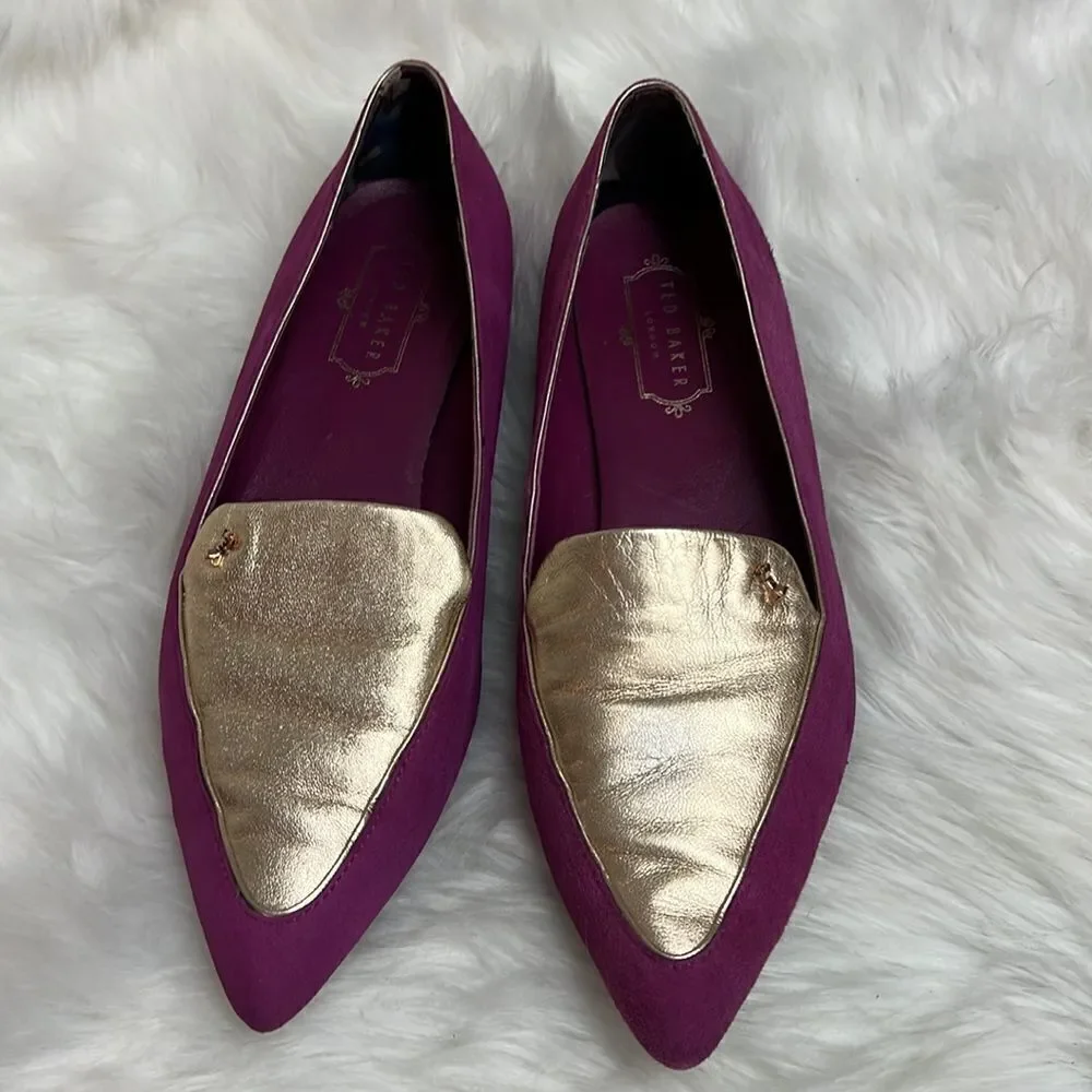 Ted Baker London‎ Suede Flats Fuchsia Gold Size 8.5 Bin 17